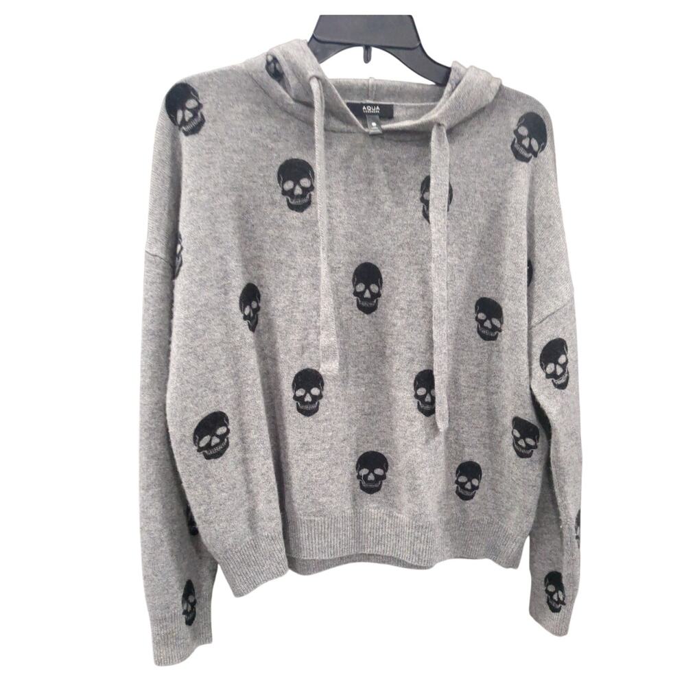 AQUA Cashmere Skull Hooded Sweater 100% Cashmere Gray Sz S - FLAW